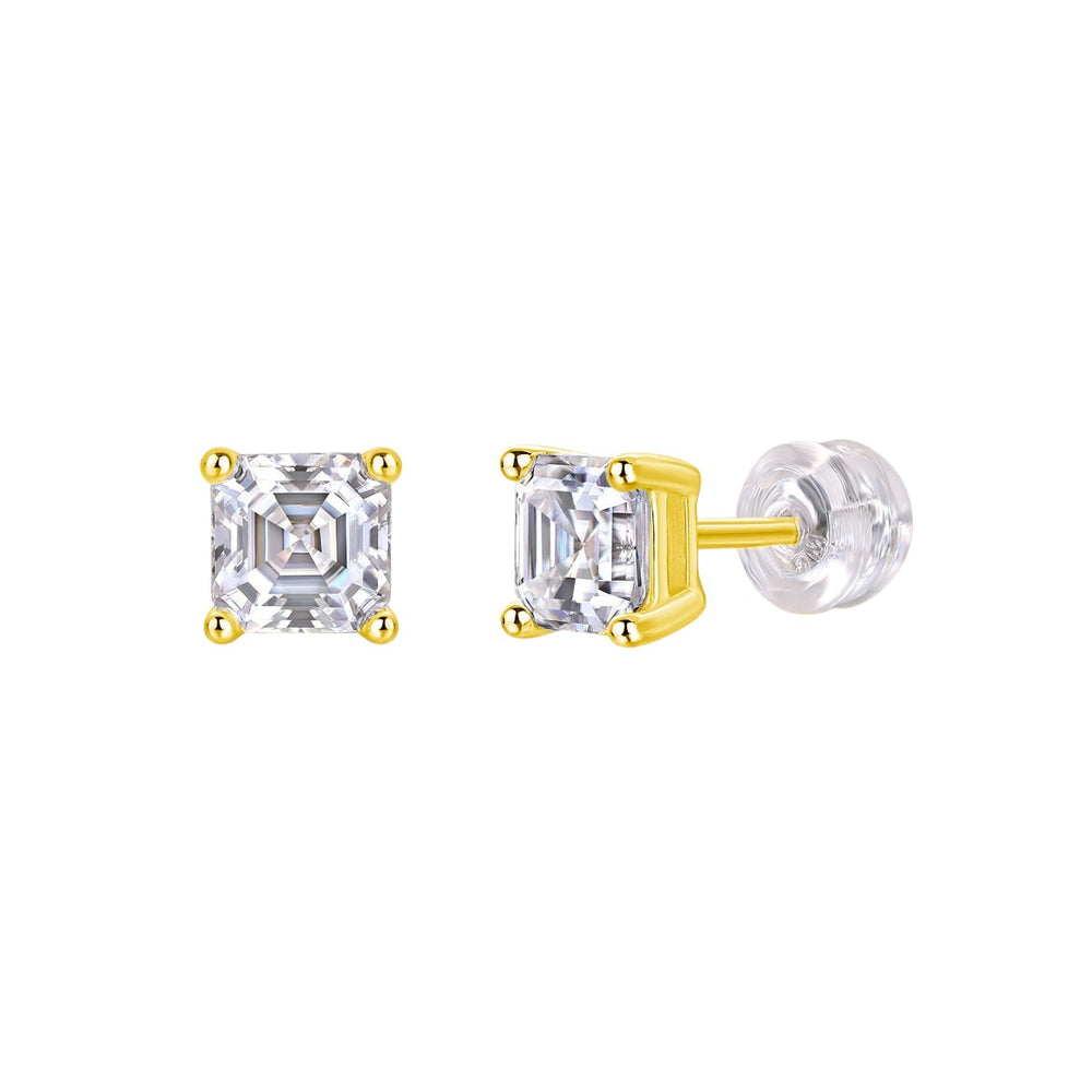 Asscher-cut moissanite stud earrings, yellow gold vermeil setting, square faceted stones