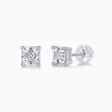 Asscher-cut moissanite stud earrings in white gold vermeil, square faceted stones