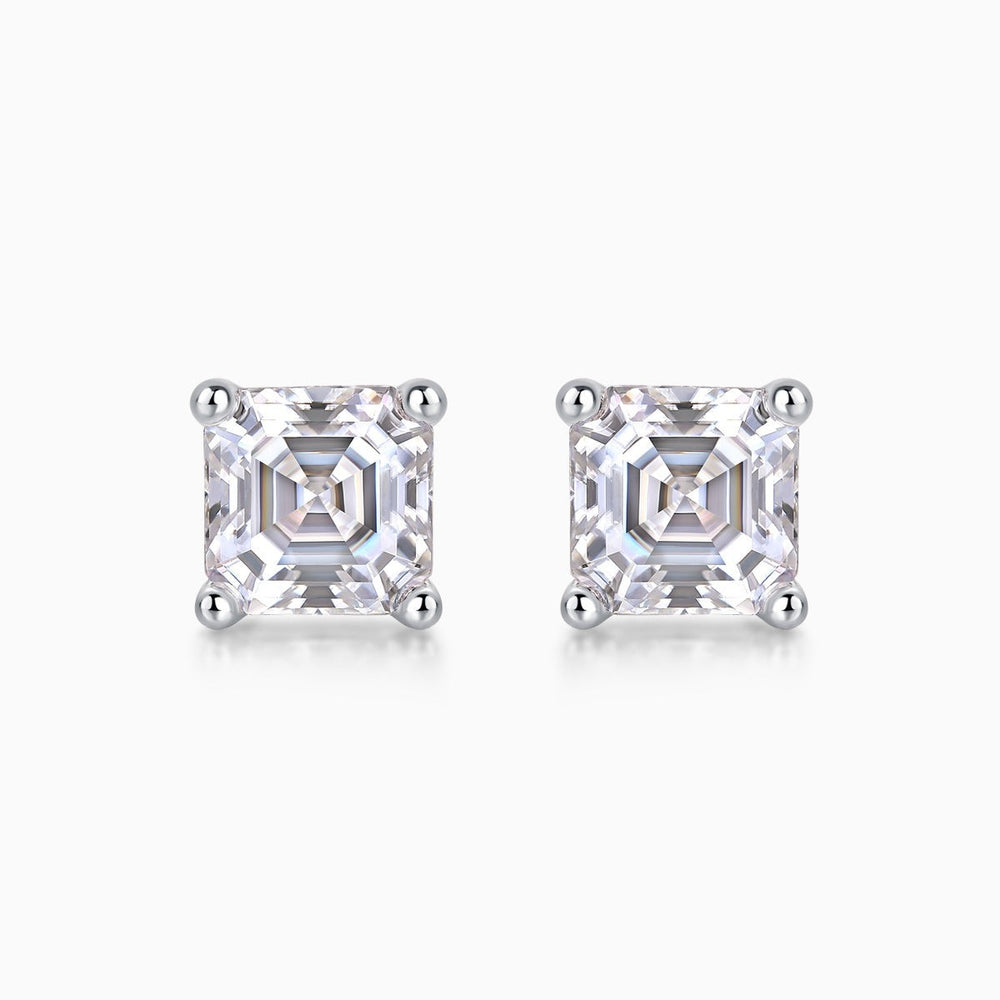 Pair of Asscher-cut moissanite stud earrings, square crystal with prong halos, white gold
