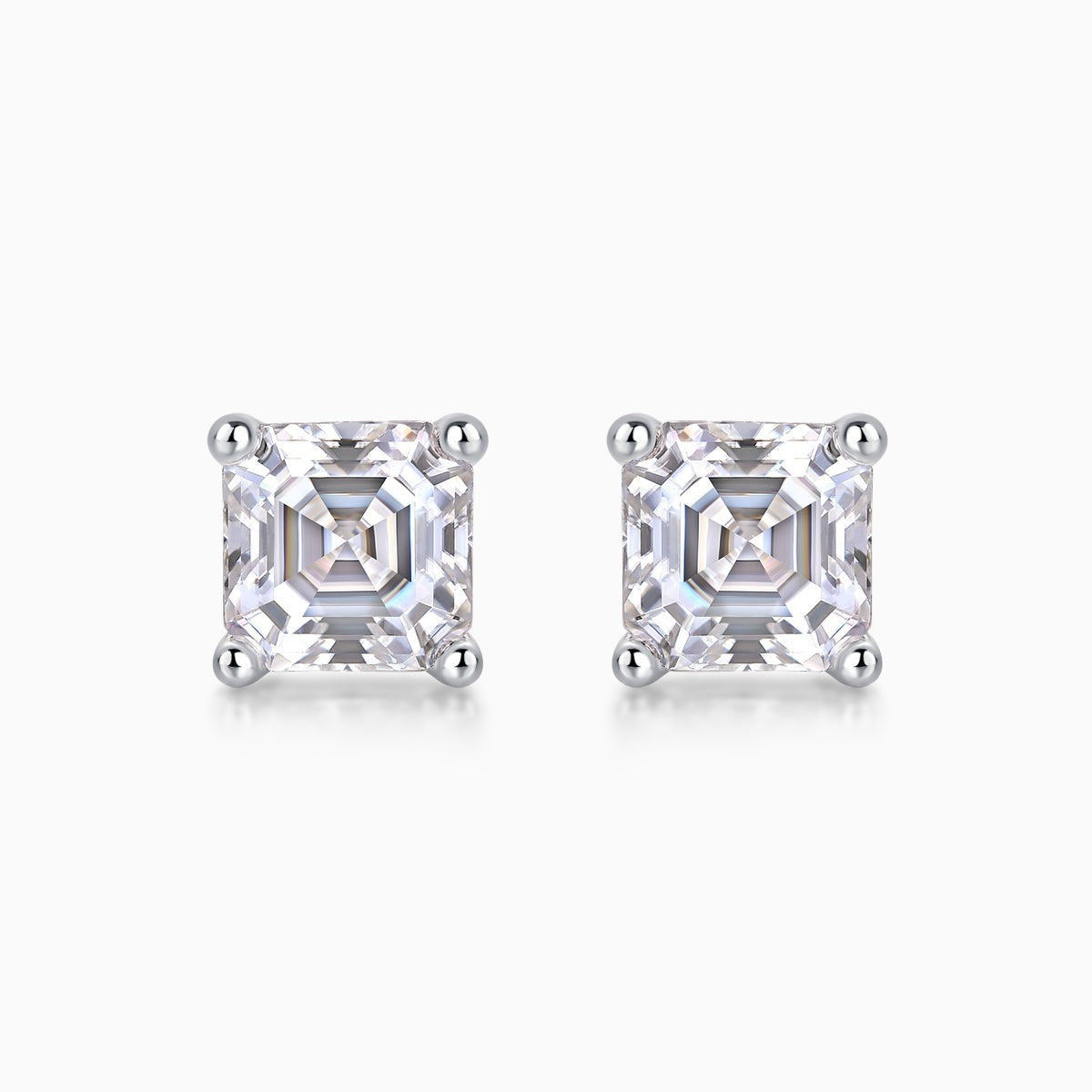 Pair of Asscher-cut moissanite stud earrings, square crystal with prong halos, white gold