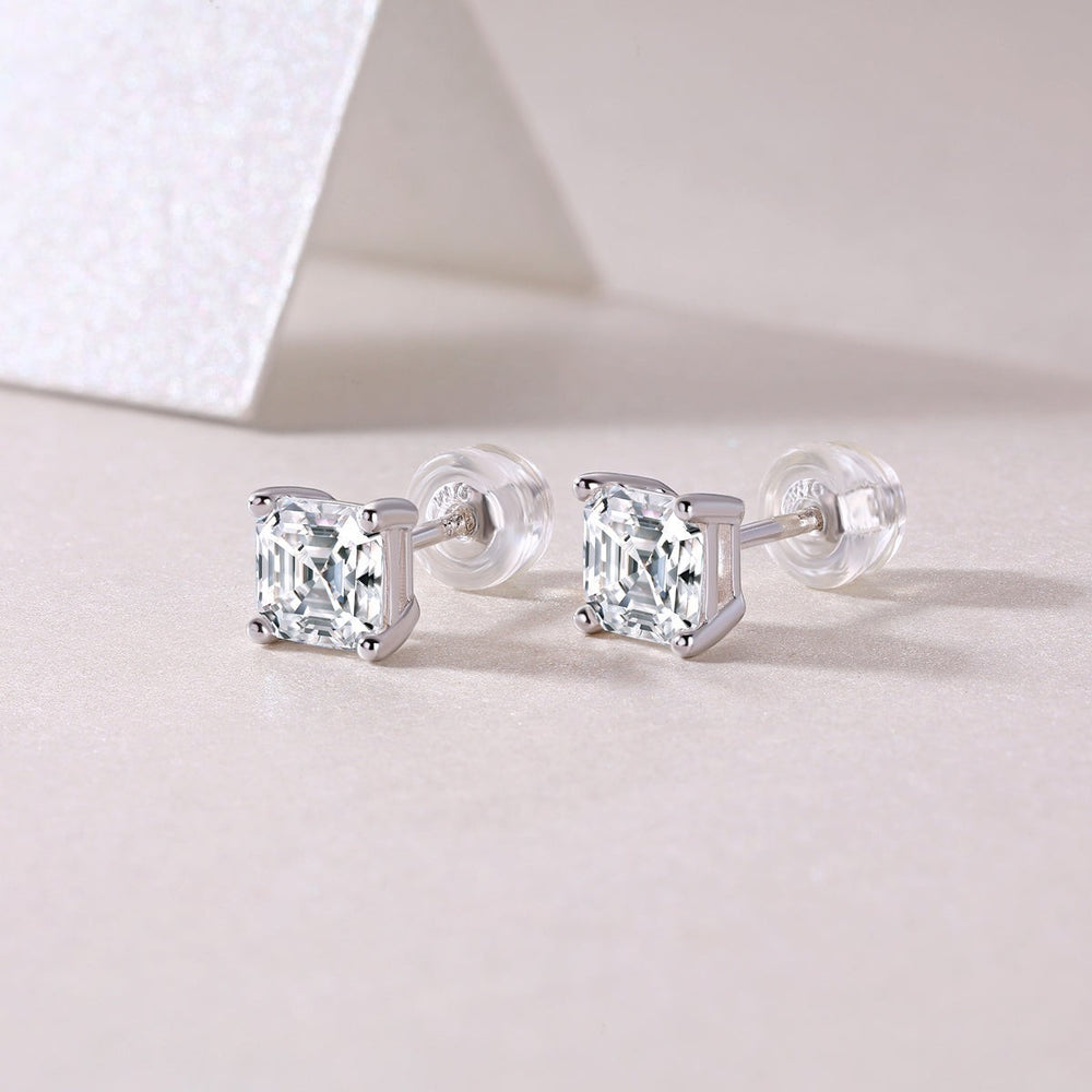 Asscher-cut moissanite stud earrings with back post, white gold vermeil