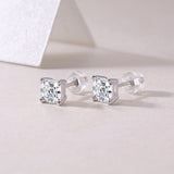 Asscher-cut moissanite stud earrings with back post, white gold vermeil