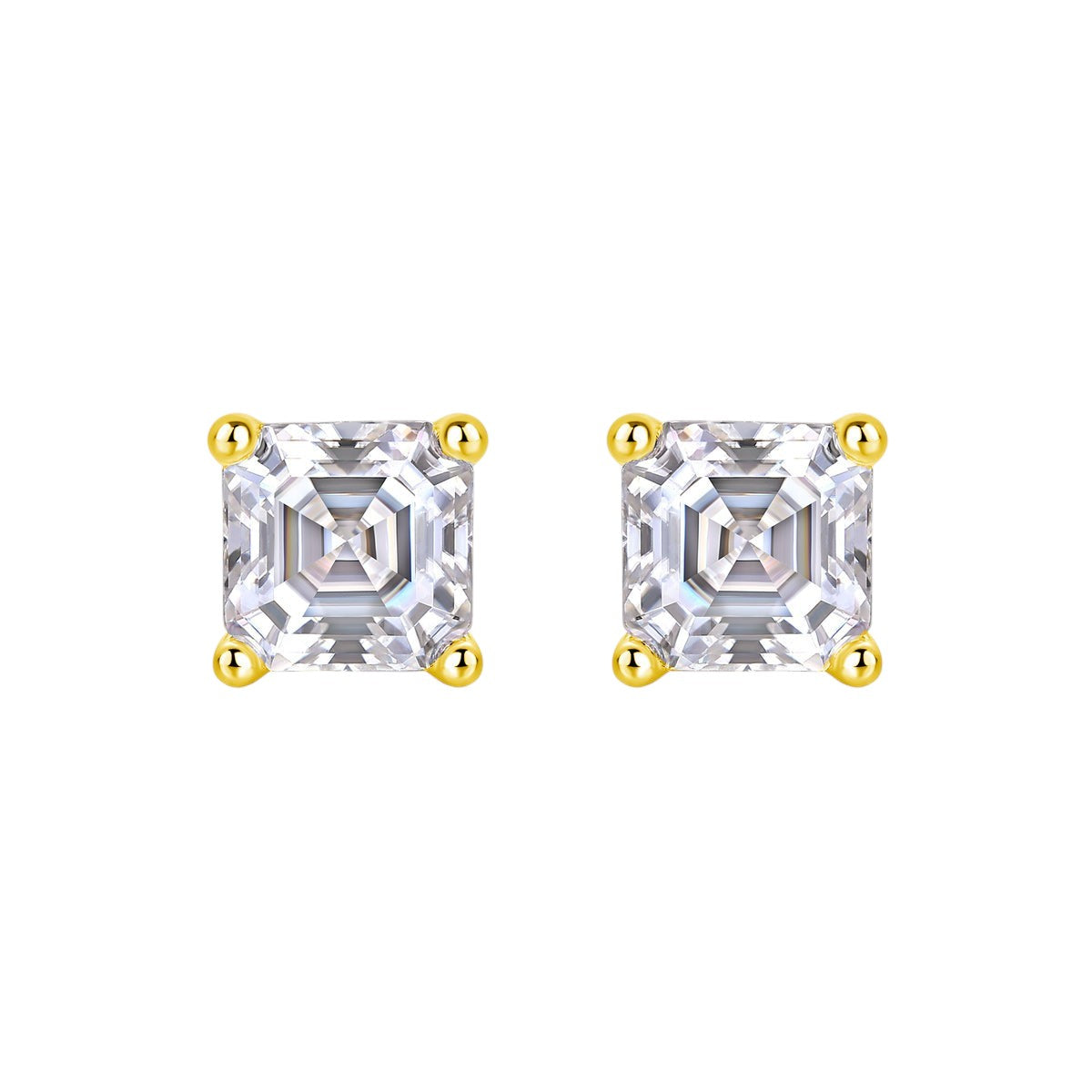 Pair of Asscher-cut moissanite studs, yellow gold vermeil prongs, square faceted center