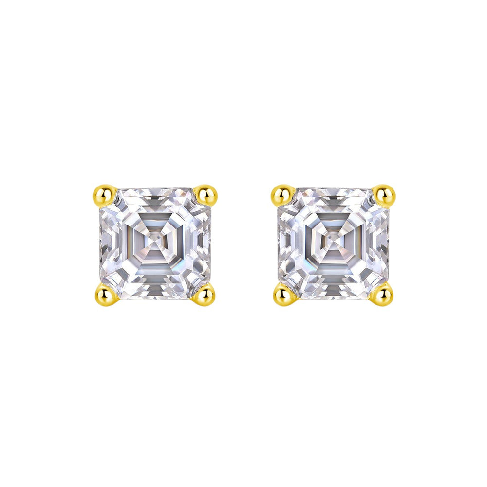 Pair of Asscher-cut moissanite studs, yellow gold vermeil prongs, square faceted center