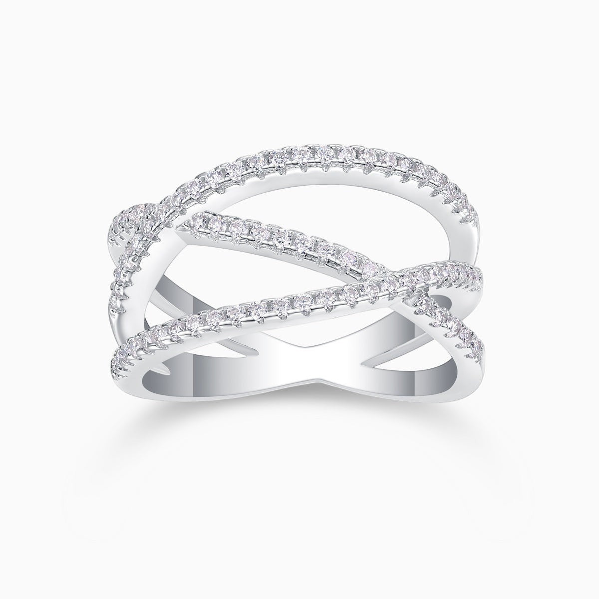 Criss-cross wide band moissanite ring, white gold vermeil with pavé stones