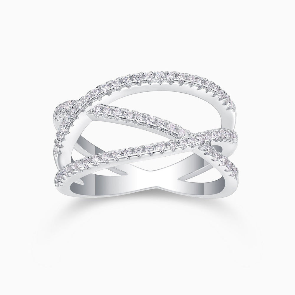 Criss-cross wide band moissanite ring, white gold vermeil with pavé stones