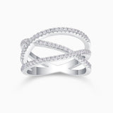 Criss-cross wide band moissanite ring, white gold vermeil with pavé stones