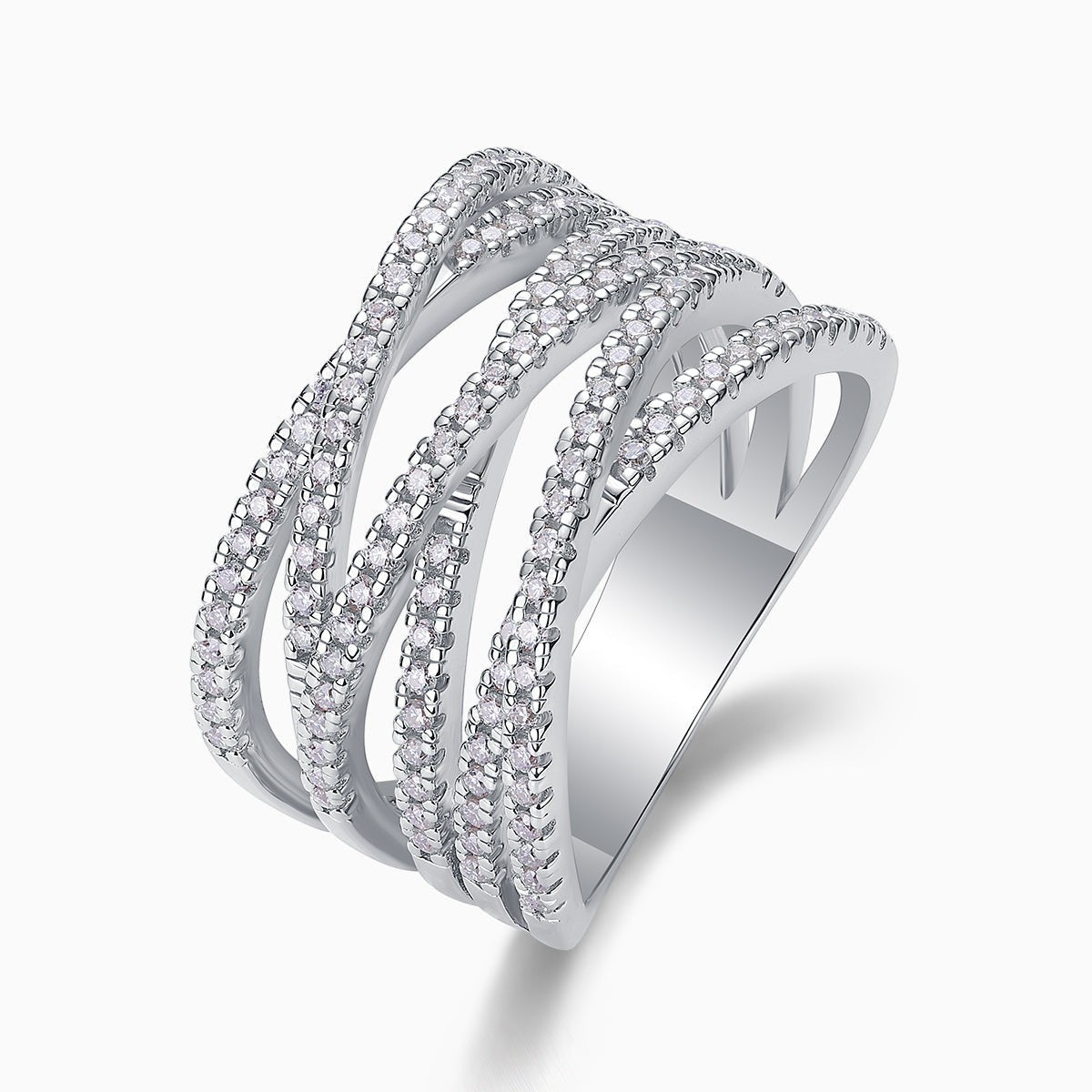 Multi-row crossover moissanite band, white gold vermeil with sparkling pavé rows