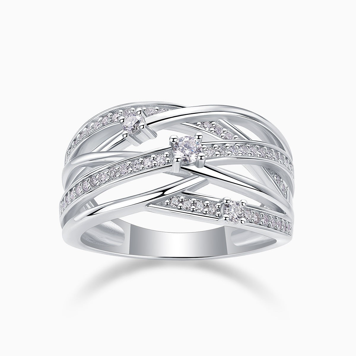 Round moissanite crossover wide band ring with pavé rows, white gold vermeil