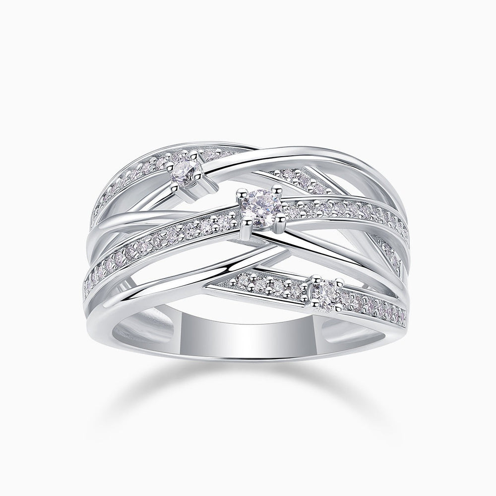 Round moissanite crossover wide band ring with pavé rows, white gold vermeil