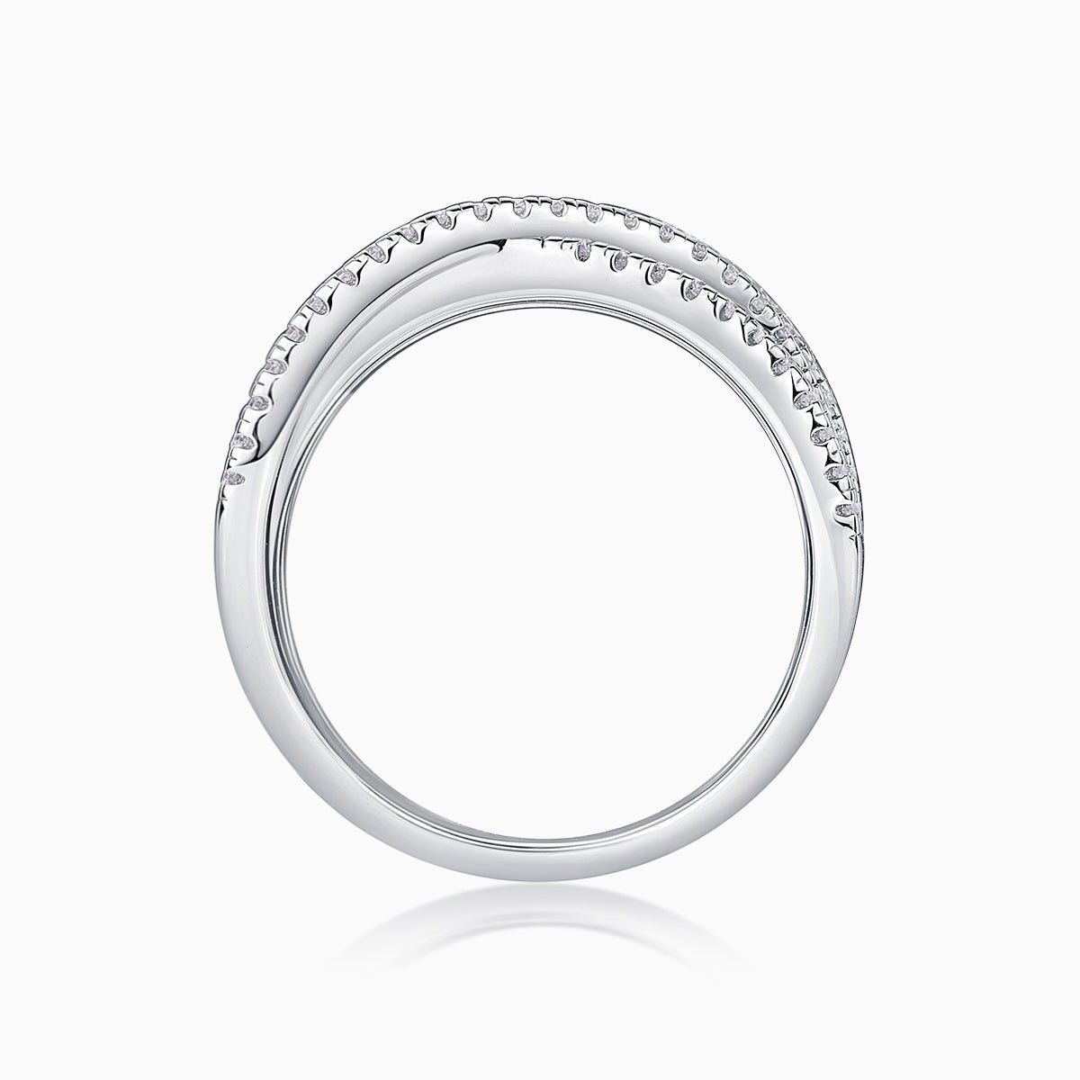 Moissanite crossover band top view, pavé stones along the ring edge