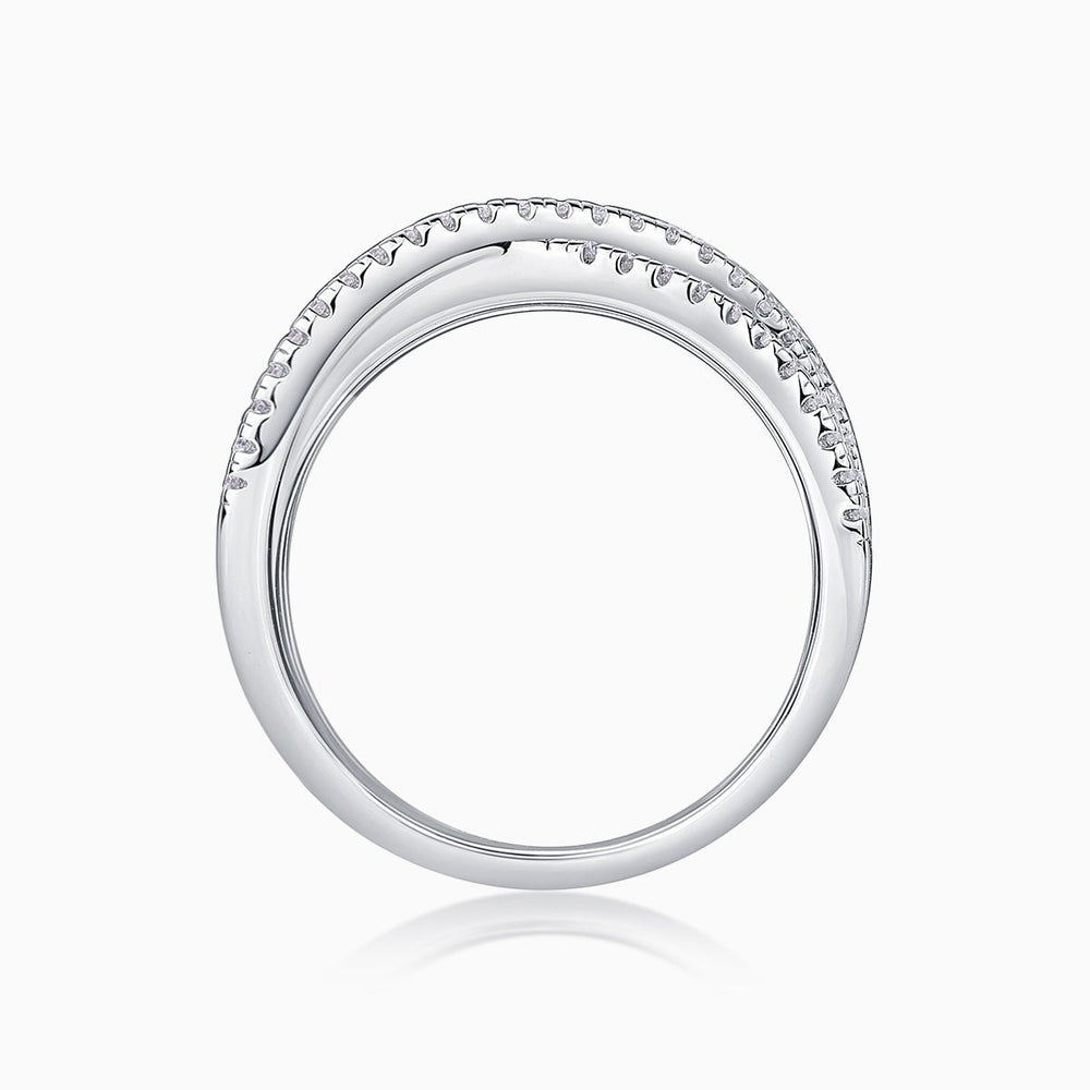 Moissanite crossover band top view, pavé stones along the ring edge