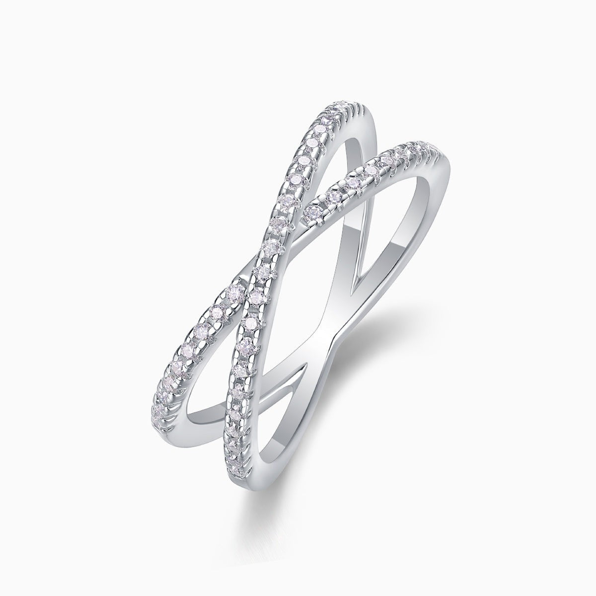 X-Cross Moissanite pavé band angled view showing stone-set crossover on white metal