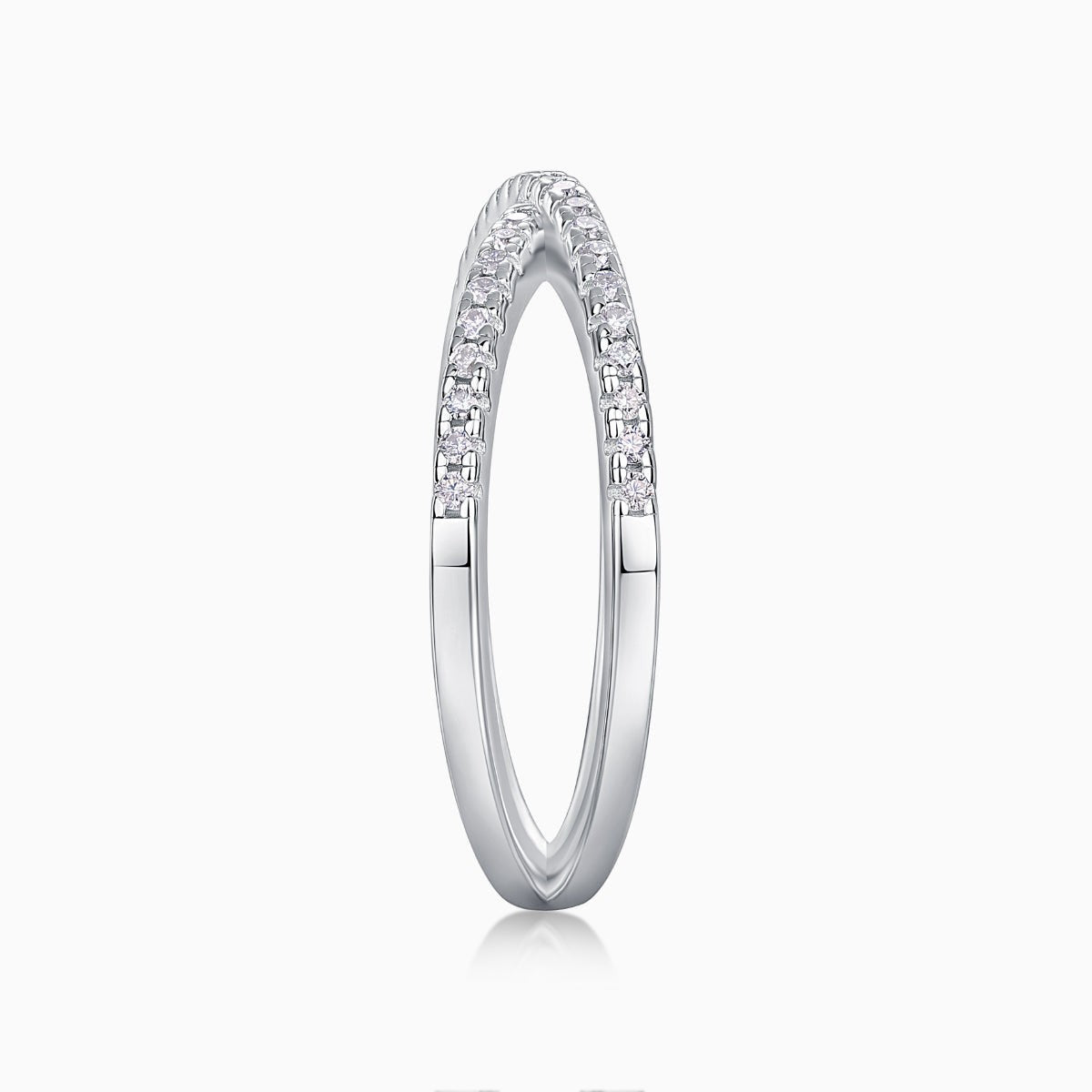 X-Cross Moissanite pavé band slim profile with clear stones along the ring edges in metal