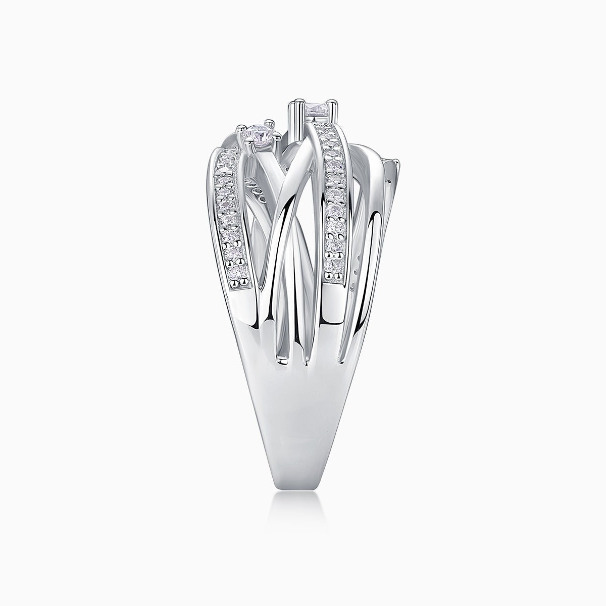 Side view of crossover wide band ring, tall setting with pavé and round center stone