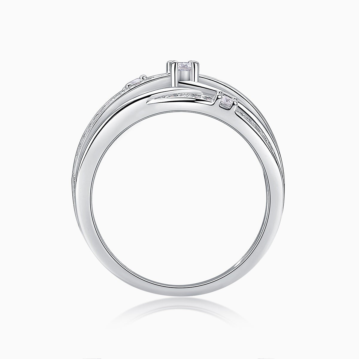 Reverse view of crossover wide band ring showing pavé band and prong-set stone