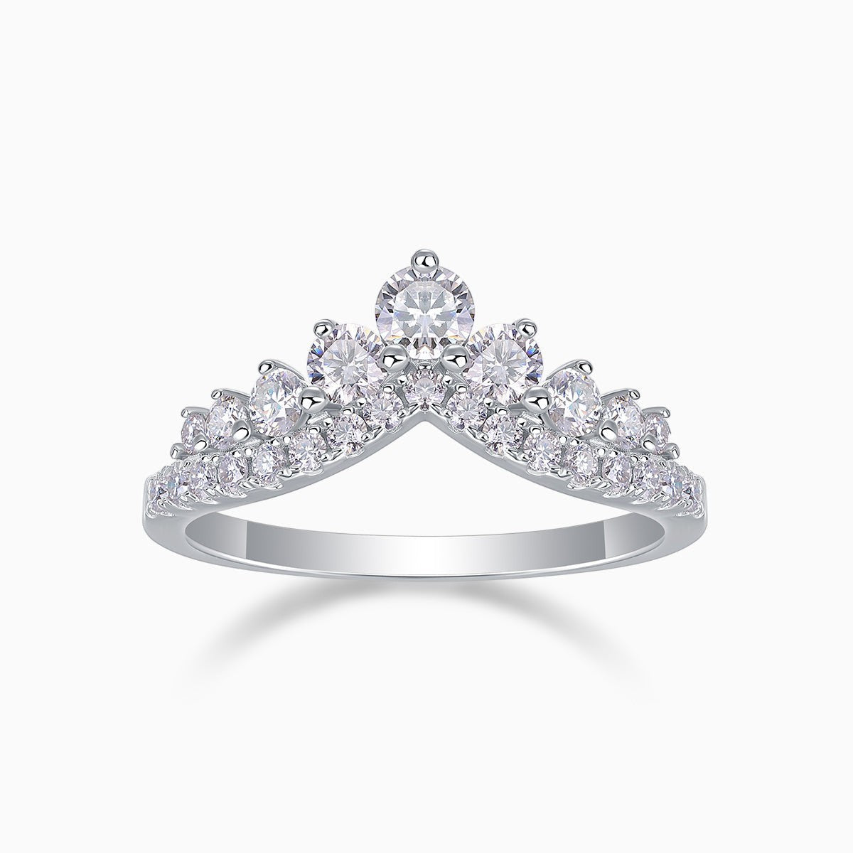 Moissanite wedding band, white gold vermeil, crown setting with center and side stones