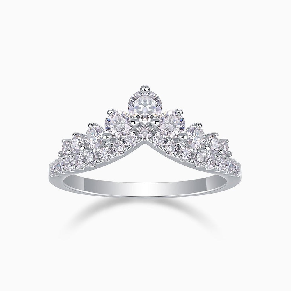 Moissanite wedding band, white gold vermeil, crown setting with center and side stones