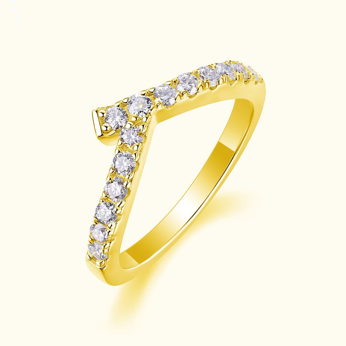 Curved pavé moissanite band, yellow gold vermeil, side view of sparkling stone row