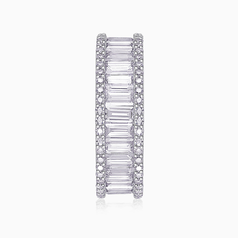Front view emerald-cut eternity band with repeating rectangular stones