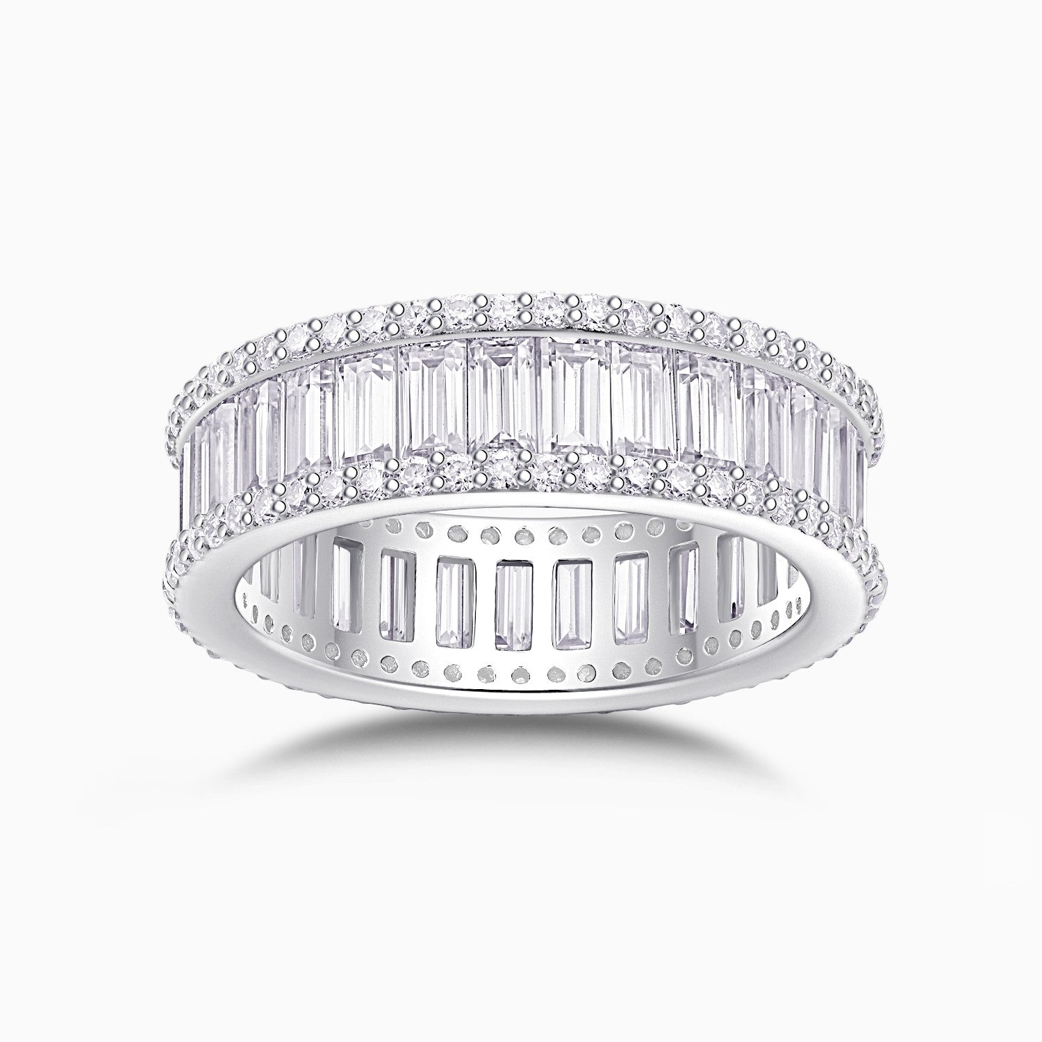 Emerald-cut eternity band with rectangular stones and pavé border