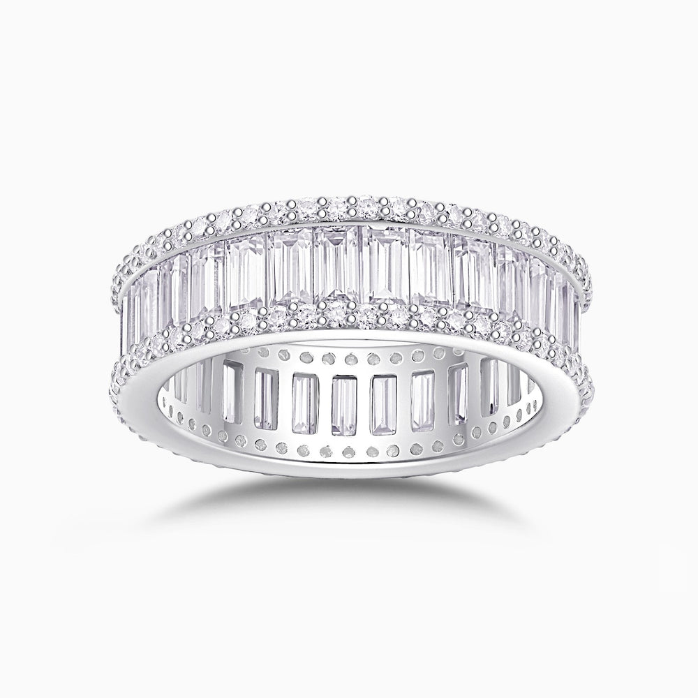Emerald-cut eternity band with rectangular stones and pavé border