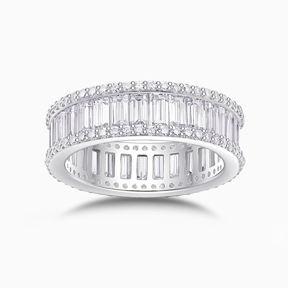 Emerald-cut eternity band with rectangular stones and pavé border