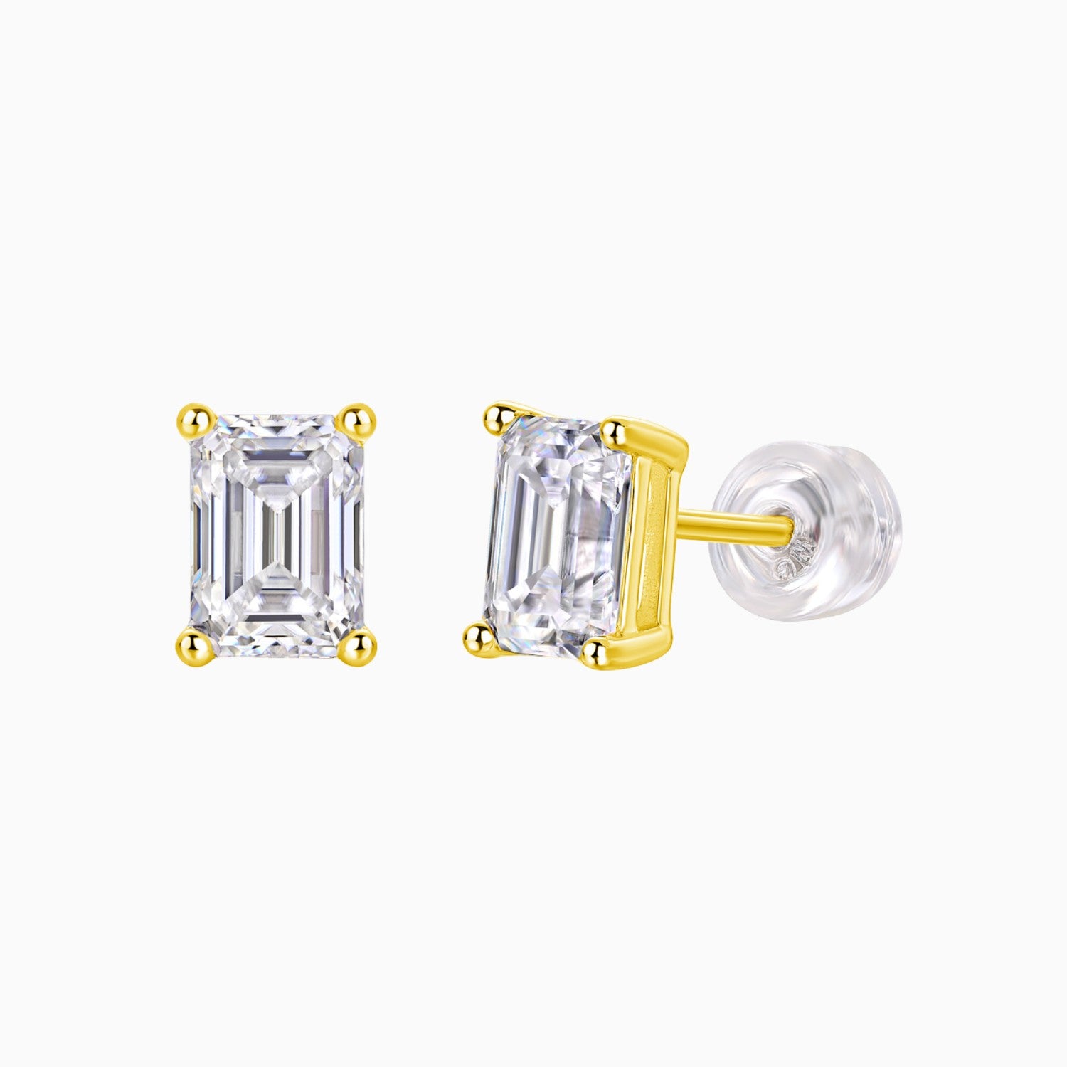 Emerald cut moissanite stud earrings with yellow gold vermeil prongs and clear stone