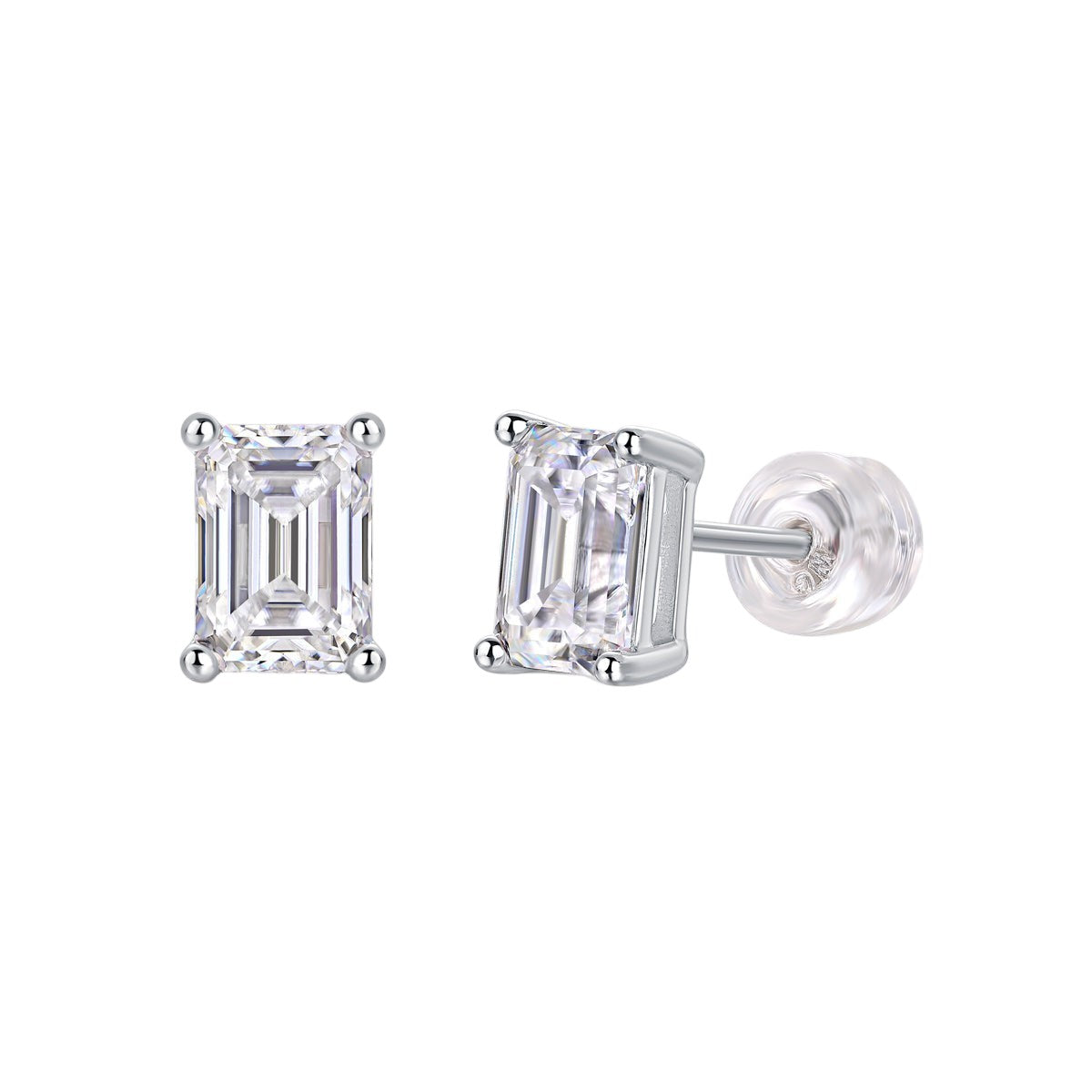 Emerald cut moissanite stud earrings with white gold vermeil prongs and clear stone