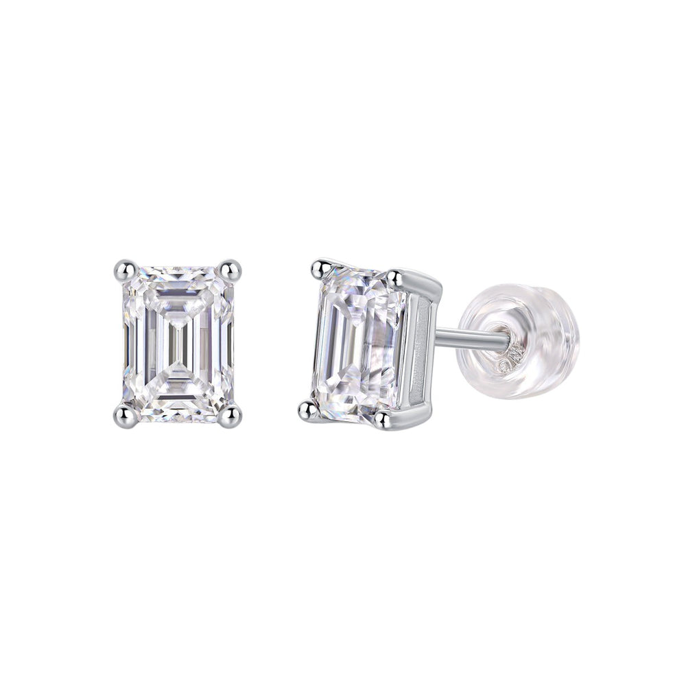Emerald cut moissanite stud earrings with white gold vermeil prongs and clear stone