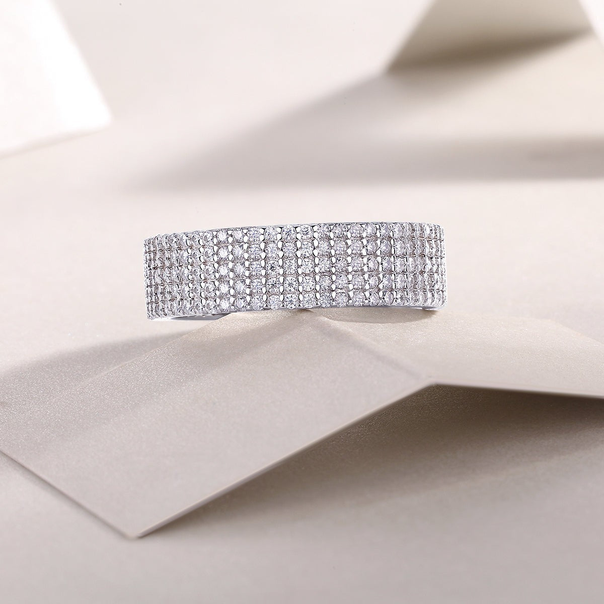 Five-Row pavé eternity band, white gold vermeil pavé ribbon front angle