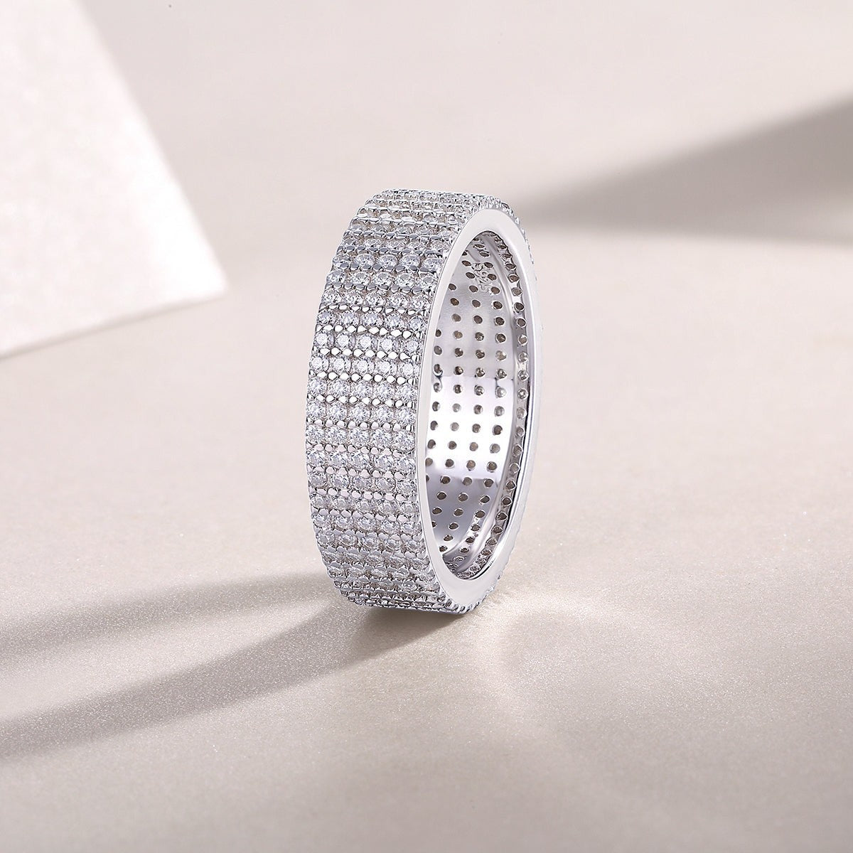 Five-Row pavé eternity band side view with white gold vermeil pavé stones
