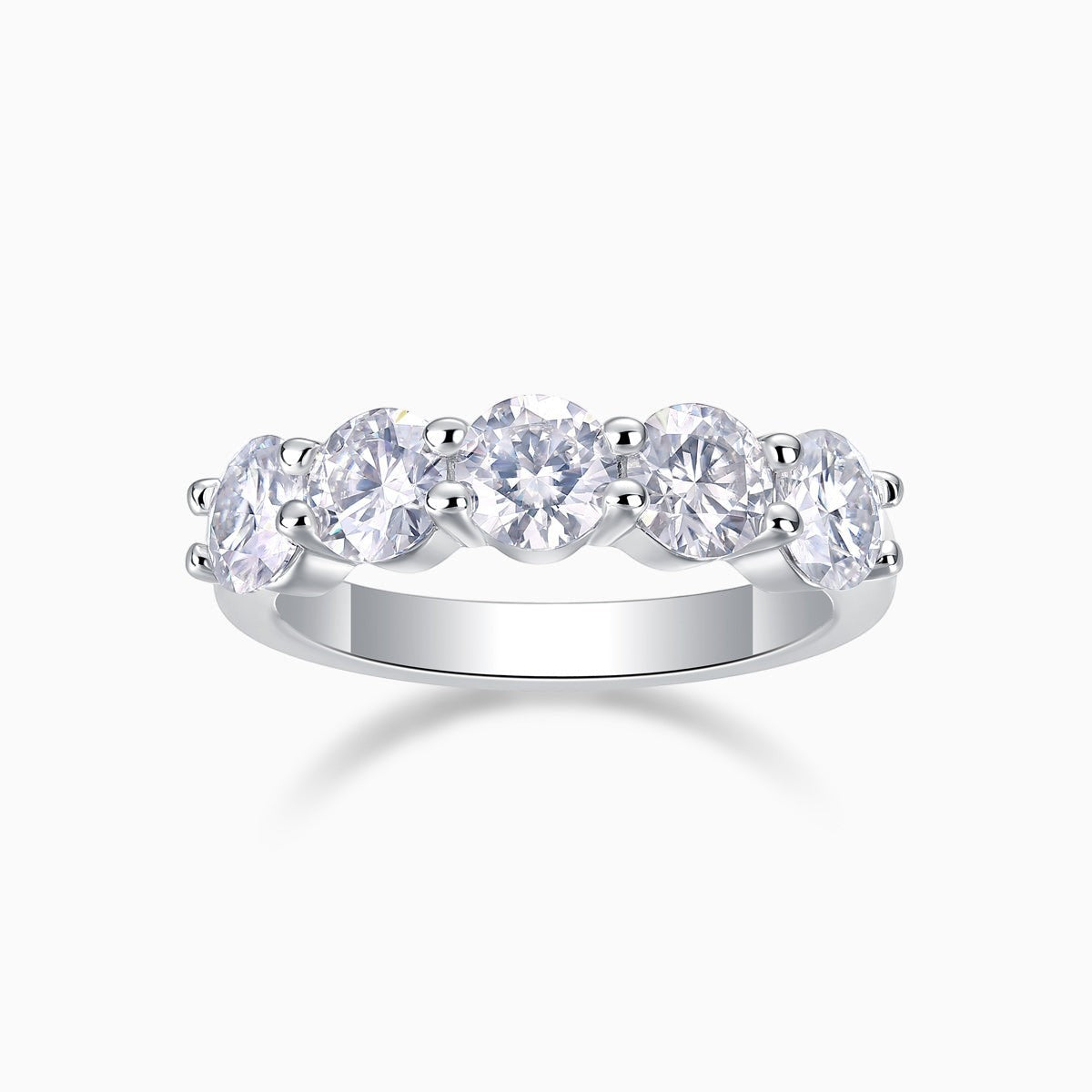 Five-stone moissanite wedding band, white gold vermeil, five round stones