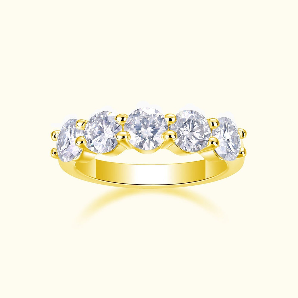 Five-stone moissanite wedding band, yellow gold vermeil, five round stones