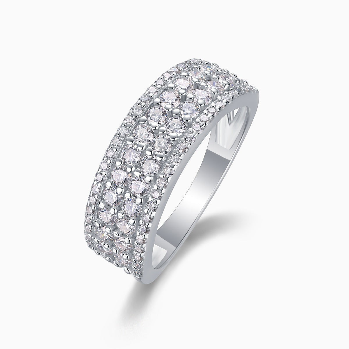 Four-row pavé moissanite eternity band, white gold vermeil, angled side profile