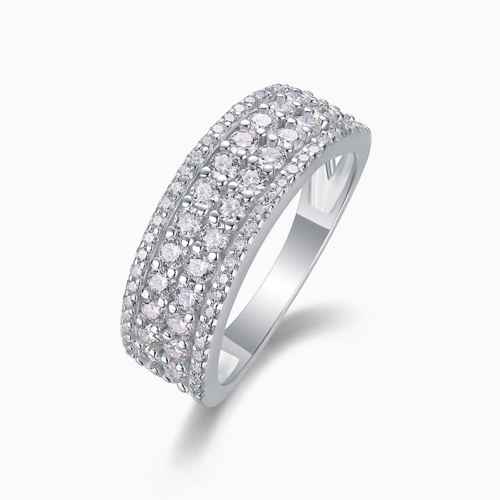Four-row pavé moissanite eternity band, white gold vermeil, angled side profile