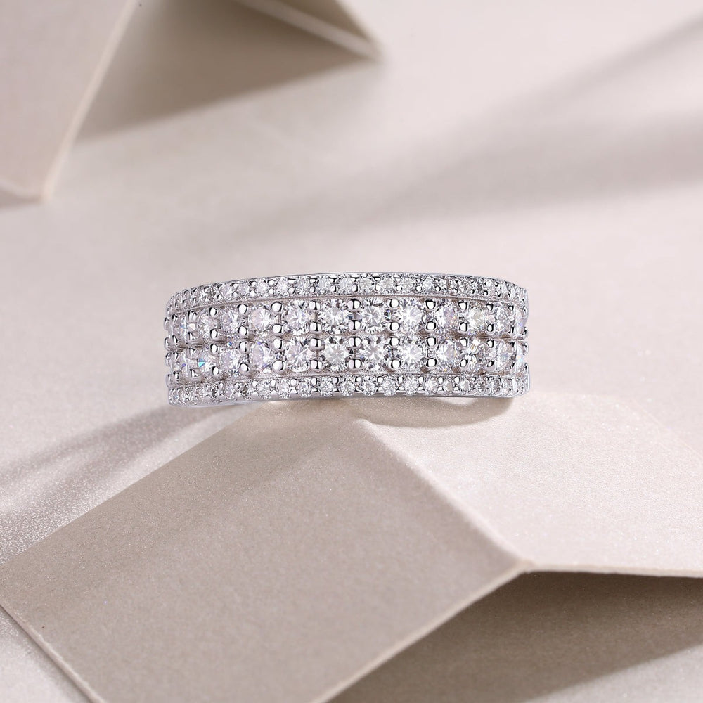 Four-row pavé moissanite eternity band, white gold vermeil, straight-on close-up