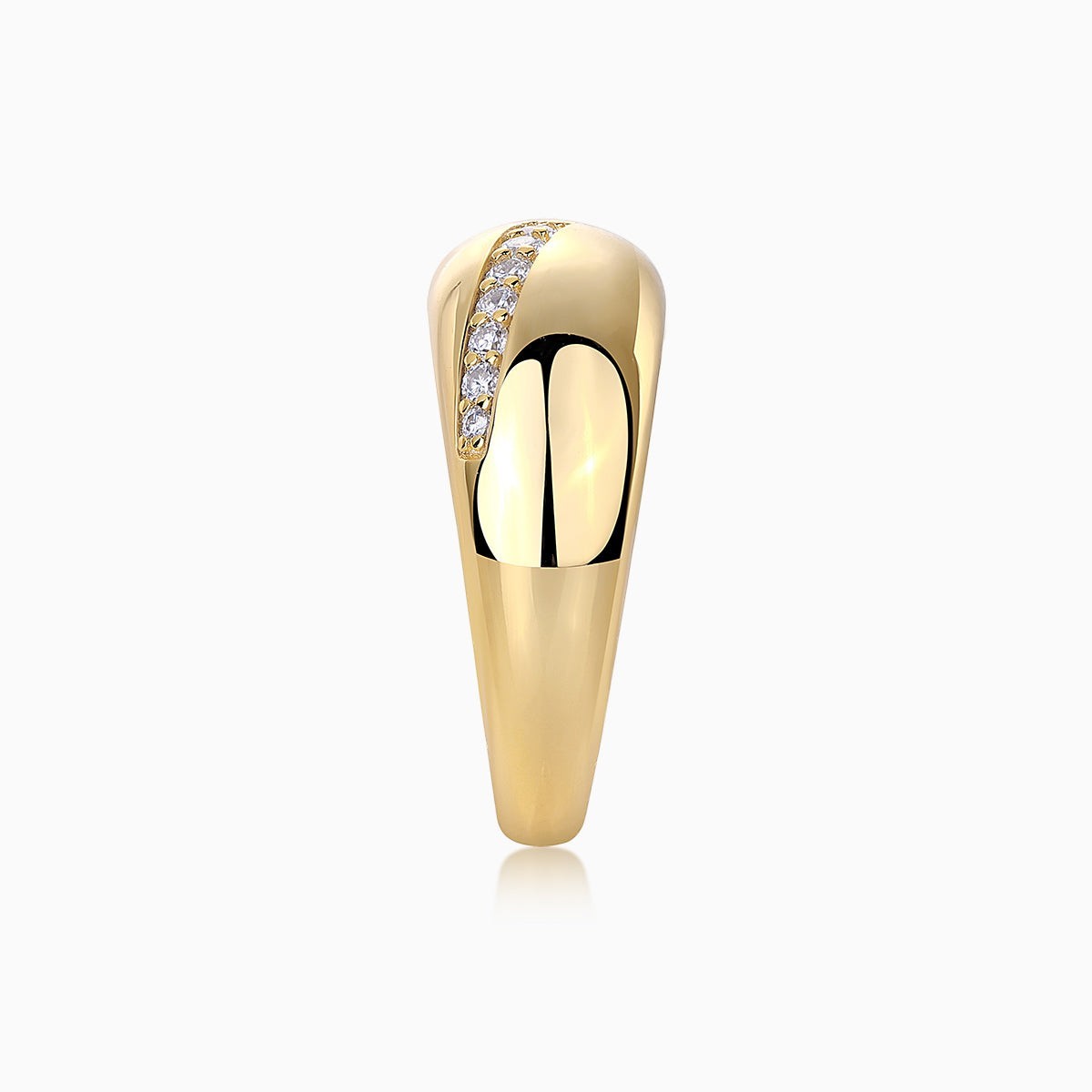 Moissanite dome band ring profile, yellow gold vermeil with white stones along the edge