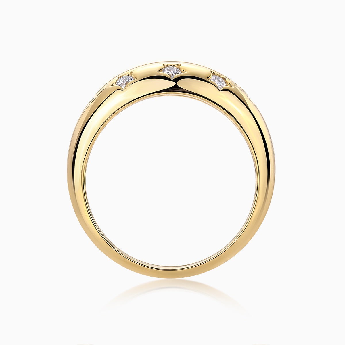 Top view inside band: yellow gold vermeil with moissanite star settings
