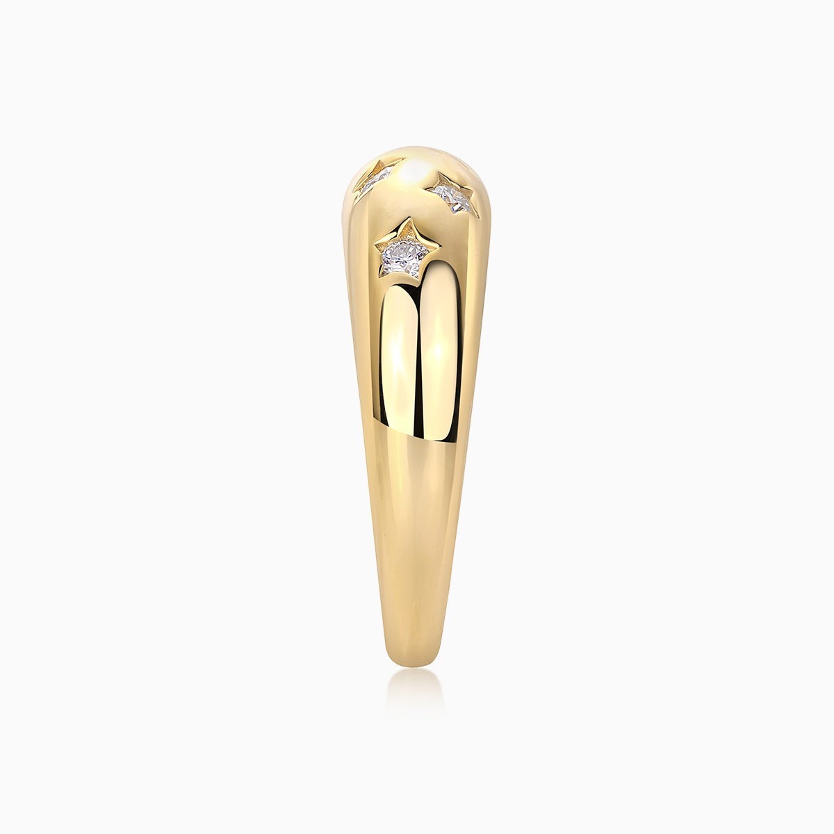 Side view of yellow gold vermeil dome band ring with star moissanite accents