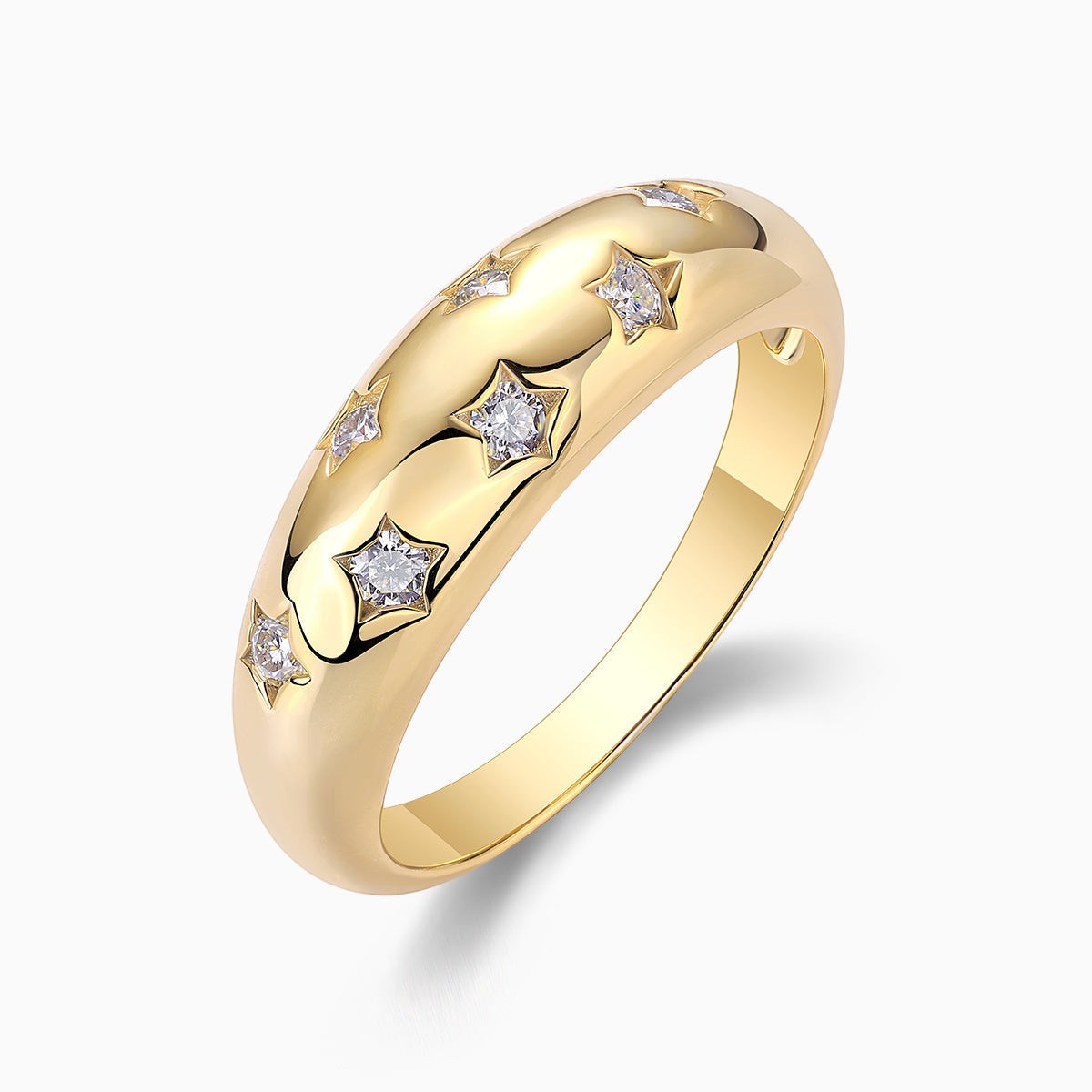 Dome band ring, yellow gold vermeil, star motifs with moissanite stones