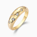 Dome band ring, yellow gold vermeil, star motifs with moissanite stones