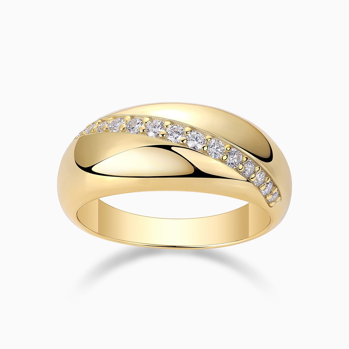 Moissanite dome band ring, yellow gold vermeil with white stones and black swoosh