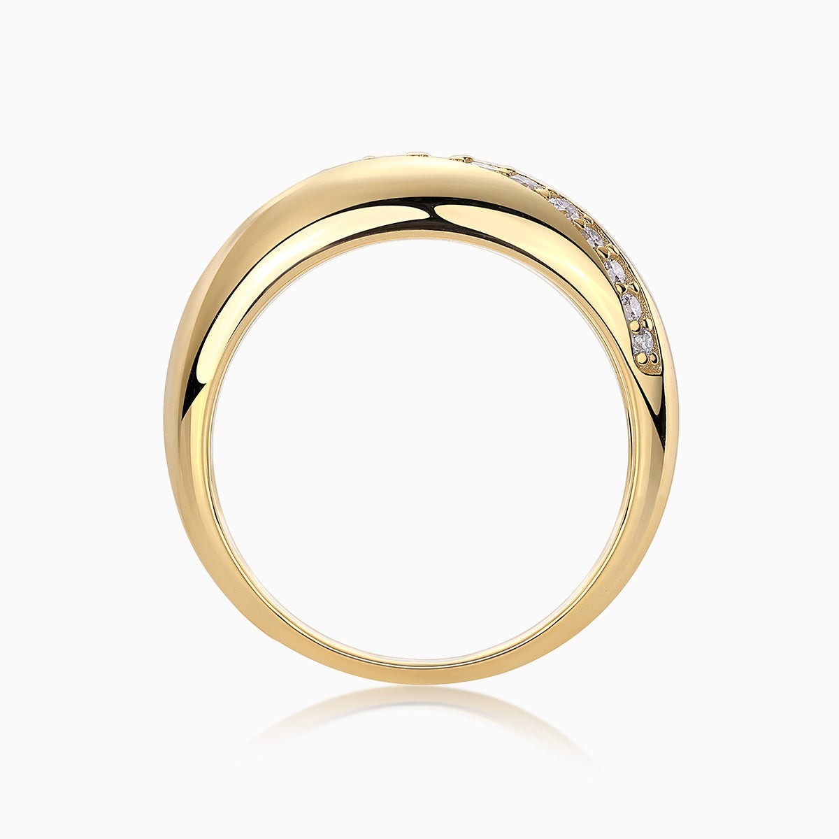 Moissanite dome band ring side view, yellow gold vermeil with white stone row