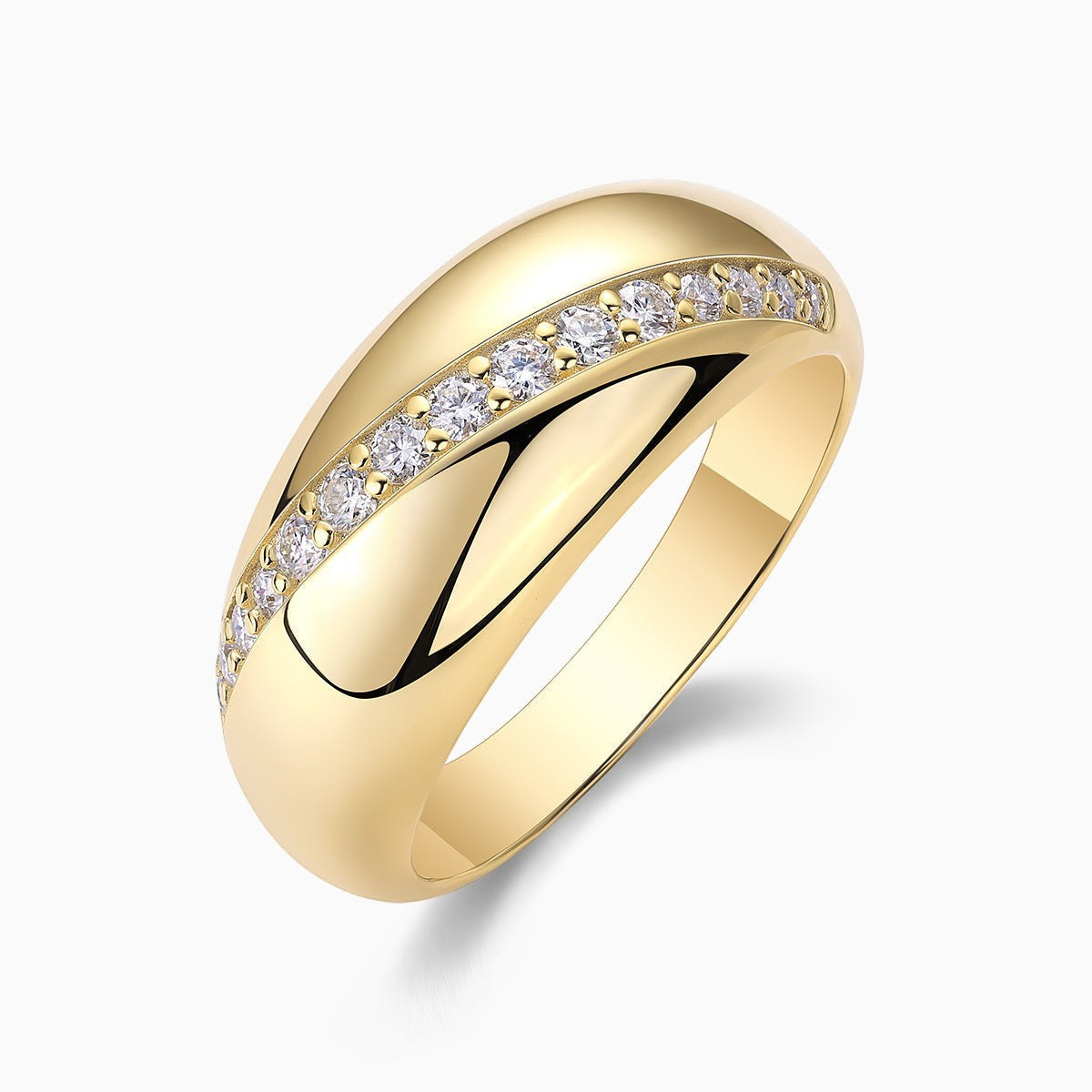 Moissanite dome band ring with white stones and black curved inlay, yellow gold vermeil