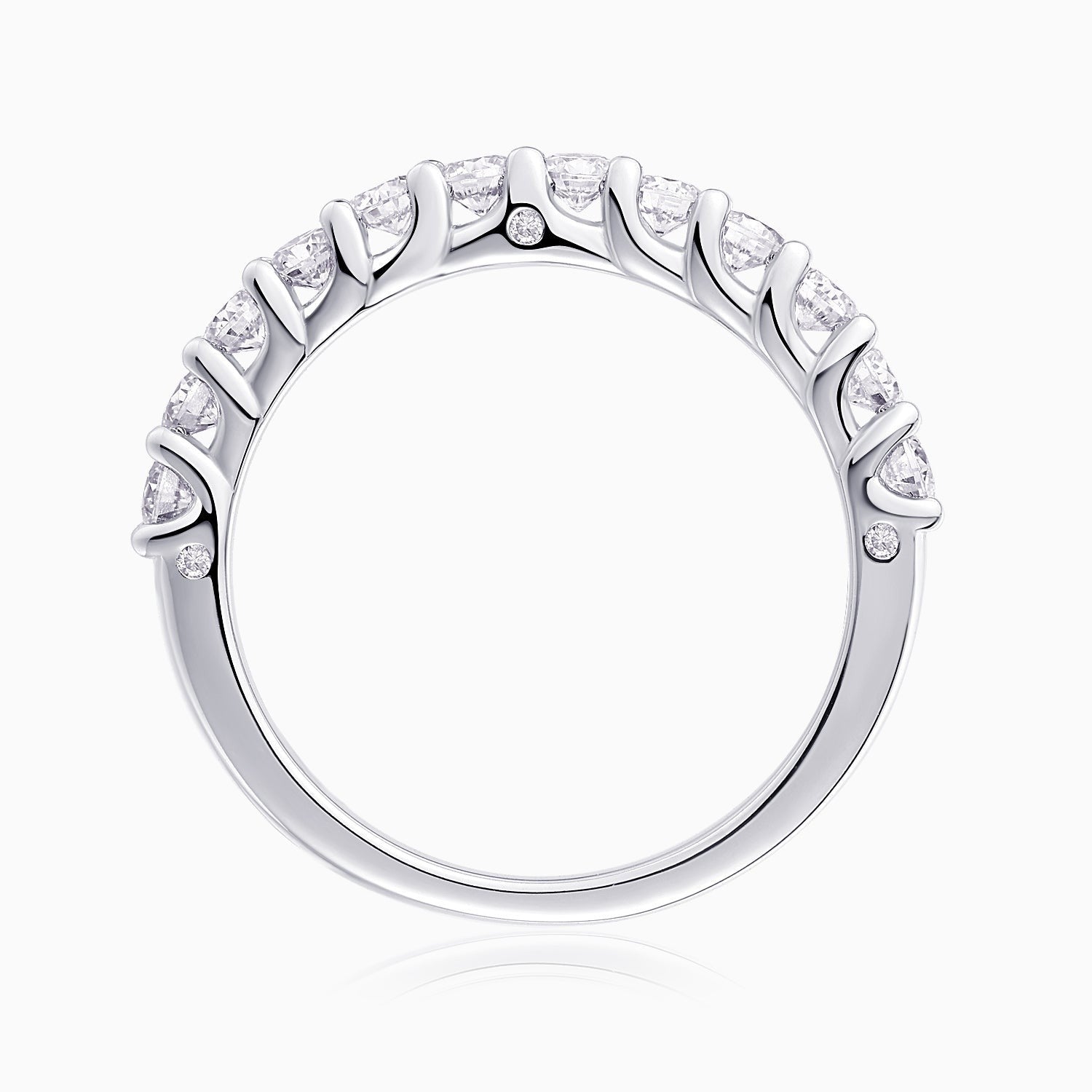 Half pavé eternity ring in white gold vermeil with round moissanite stones, top view