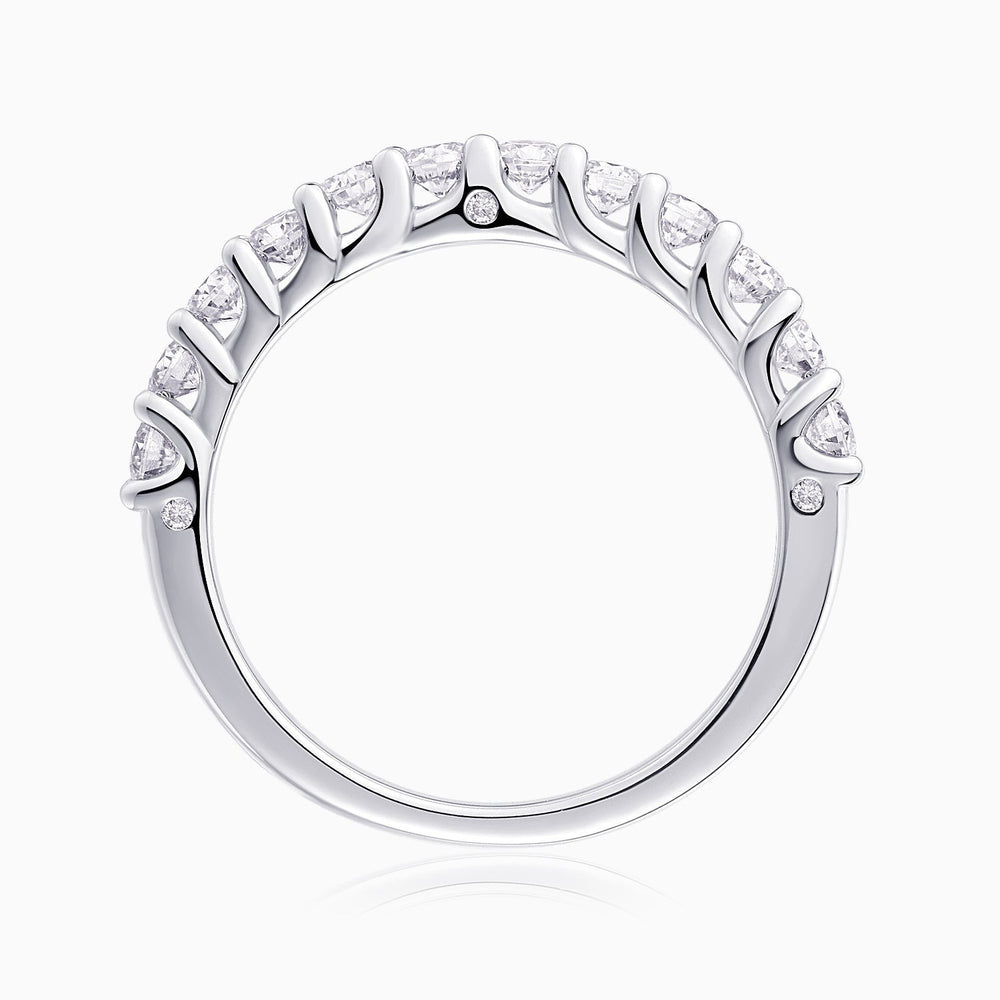 Half pavé eternity ring in white gold vermeil with round moissanite stones, top view