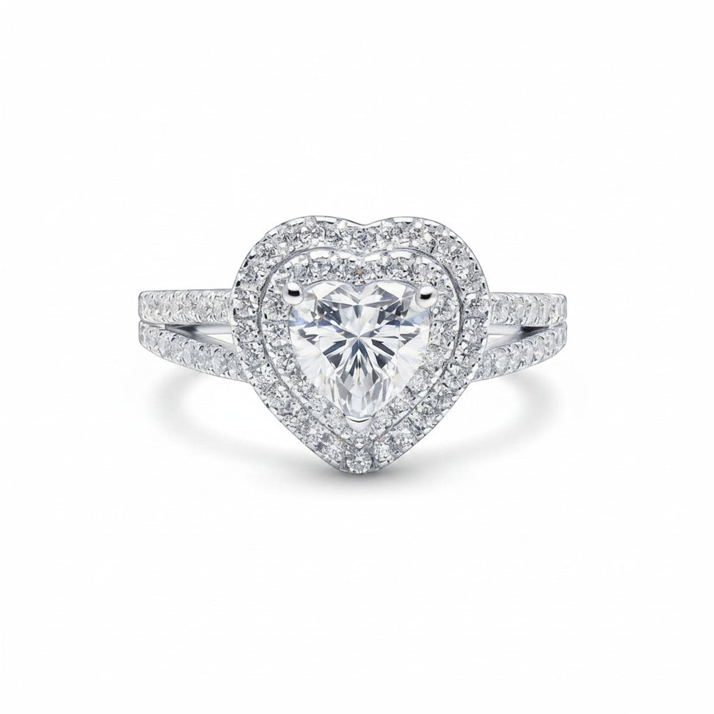 Heart-cut moissanite ring with double halo, pavé split shank in white gold vermeil