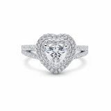 Heart-cut moissanite ring with double halo, pavé split shank in white gold vermeil