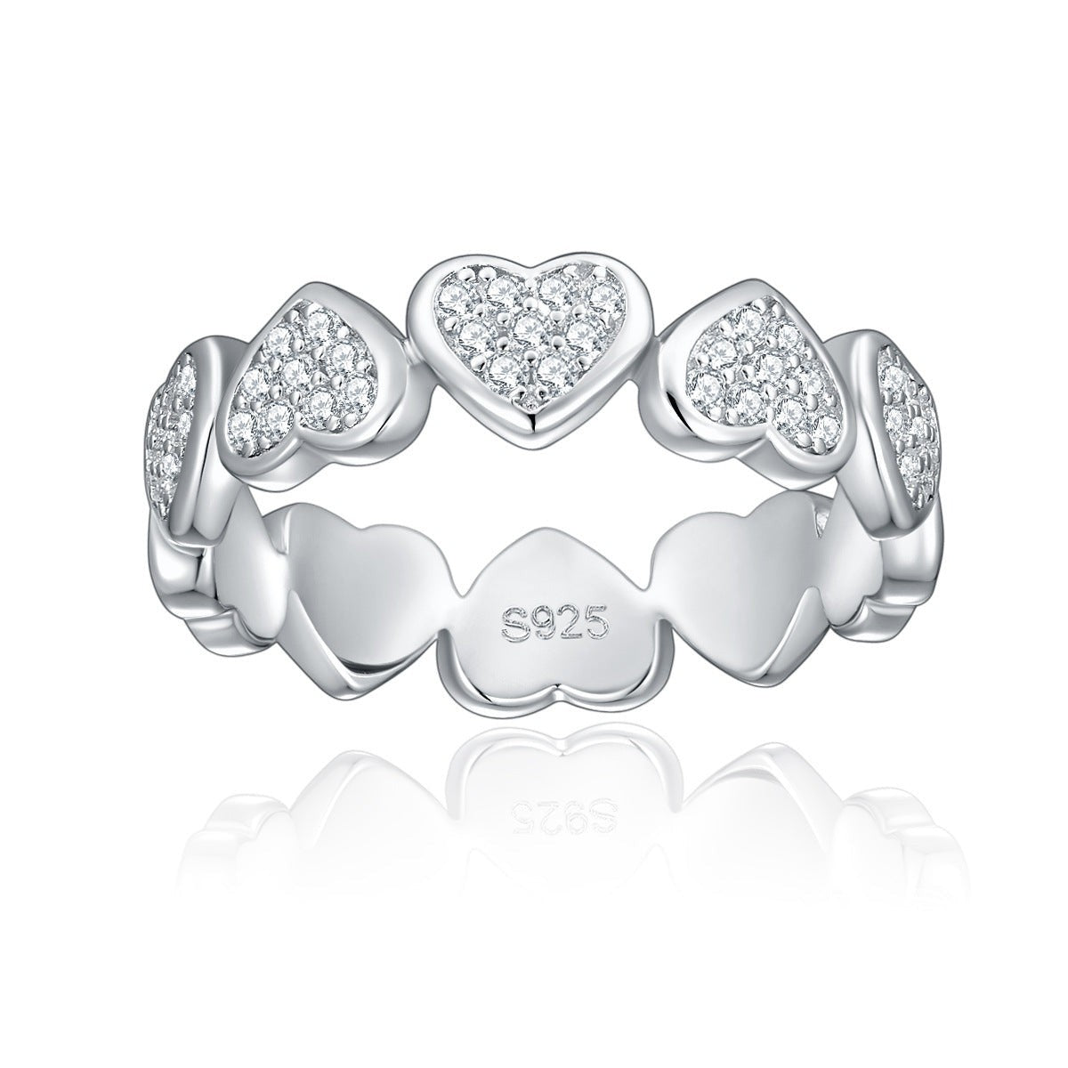 Heart moissanite band with 925 stamp on inside, white gold vermeil finish